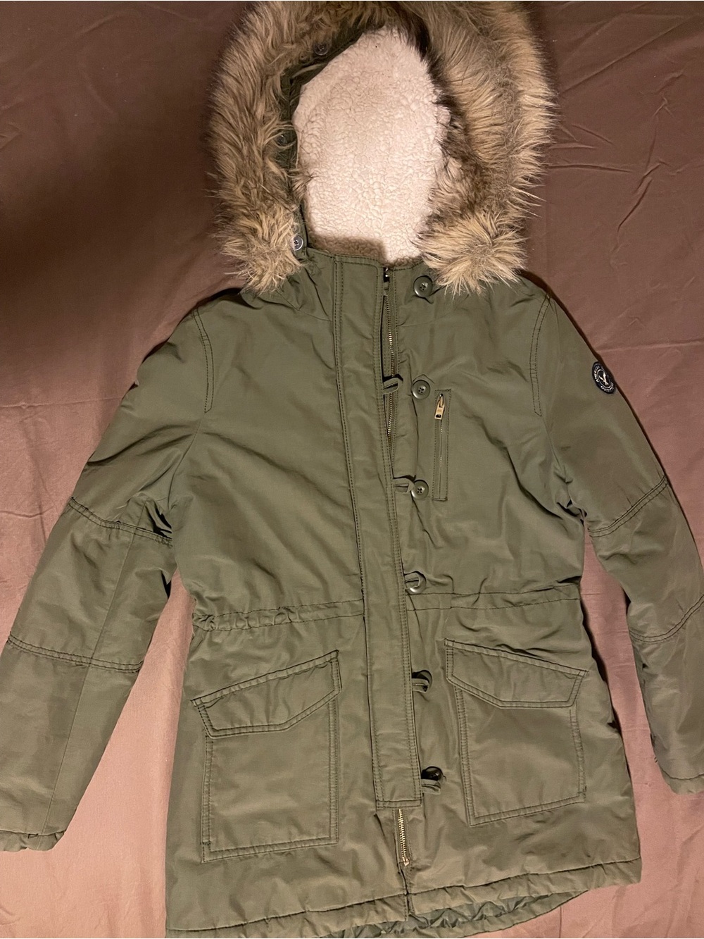 American eagle outfitters olive green Jacket with Faux Fur Hood
